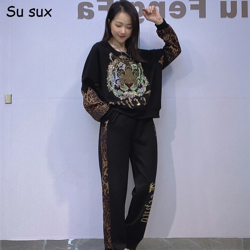 

Big Tiger Head Leopard Patchwork Hoodie Sweatshirt 2 Piece Set Woman Outfits Casual Oversized Pant Sets Vestidos Streetwear 2025