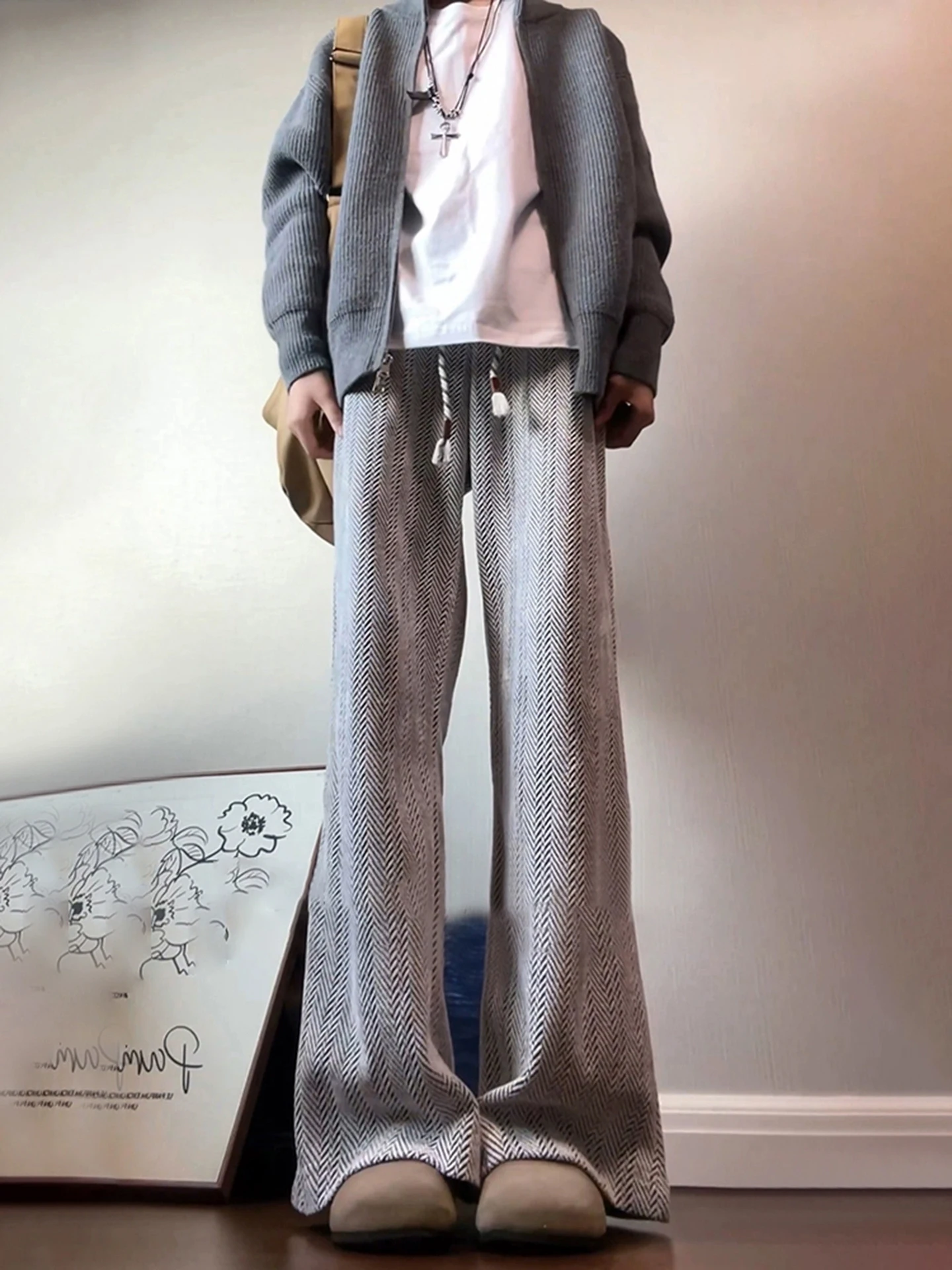 

Мужские прямые спортивные брюки свободного кроя с широкими штанинами, осенние, в американском стиле, с микро-клешем, с геометрическим узором