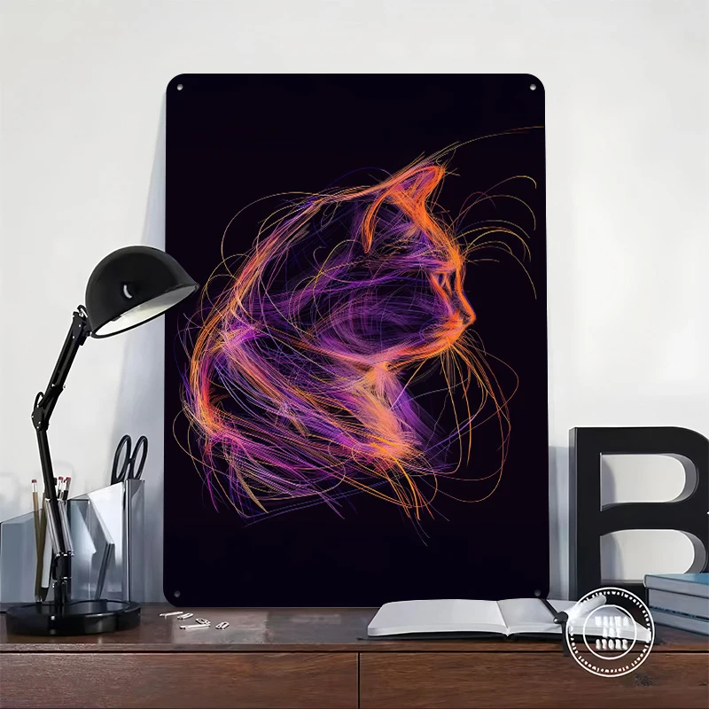Abstract Cat in Neon Lines Printed Poster Customized Wall Art Retro Vintage Metal Tin Signs for Mancave Decoration Room Man Cave