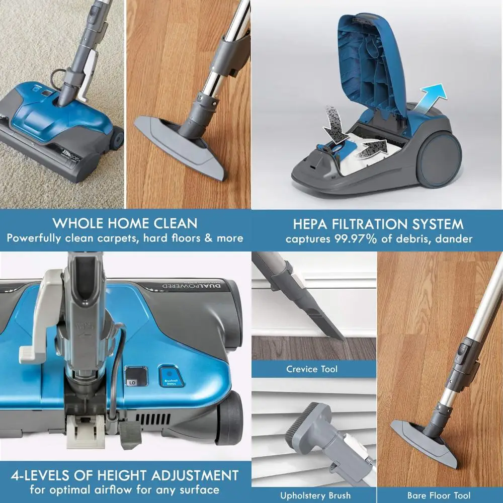 

Легкий пылесос-канистра для домашних животных с HEPA-фильтром, 2 моторами, удлиненной насадкой, выдвижным шнуром, 4 насадками, синий