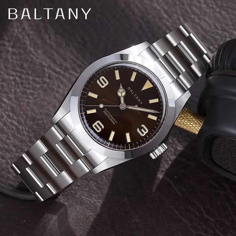 Baltany Vintage Explorer Omaggio Orologi S4056 Sunburst 36mm Bracciale in acciaio inossidabile 200M Orologio da polso automatico da uomo luminoso