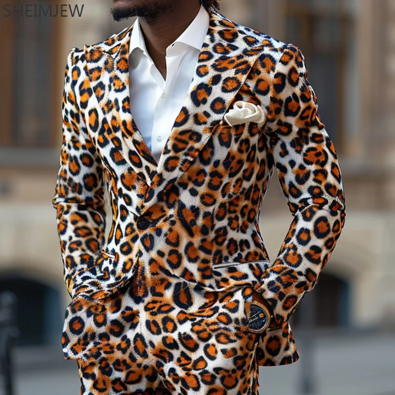 Casual Long Sleeve Animal Jacket & Pant Two-piece Men\'s Classic Leopard Color Print Suit Carnival Ball Suits Party Customized