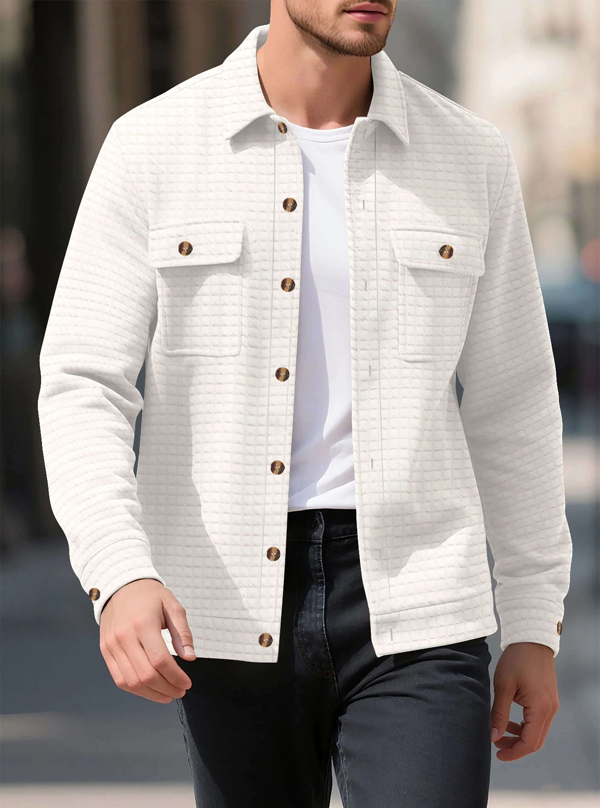

Men's check placket pocket solid-colored sweater-style work jacket casual loose-fitting long-sleeved coat