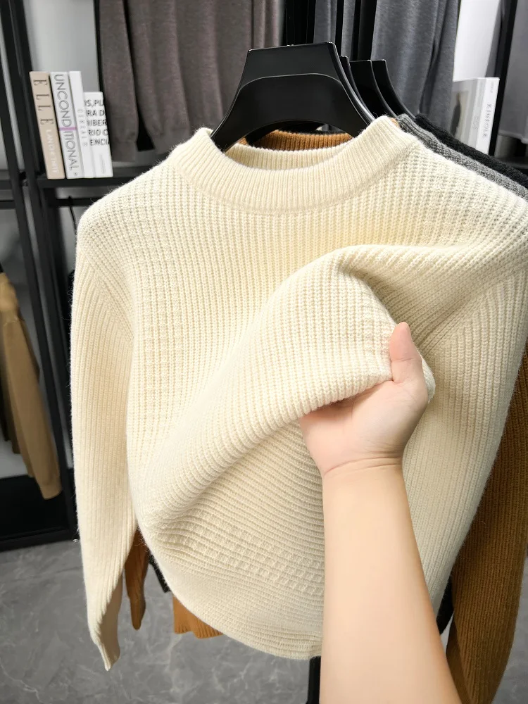 

Premium thickened warm knitted sweater luxury new solid color versatile men pullover autumn winter fashion casual round neck top