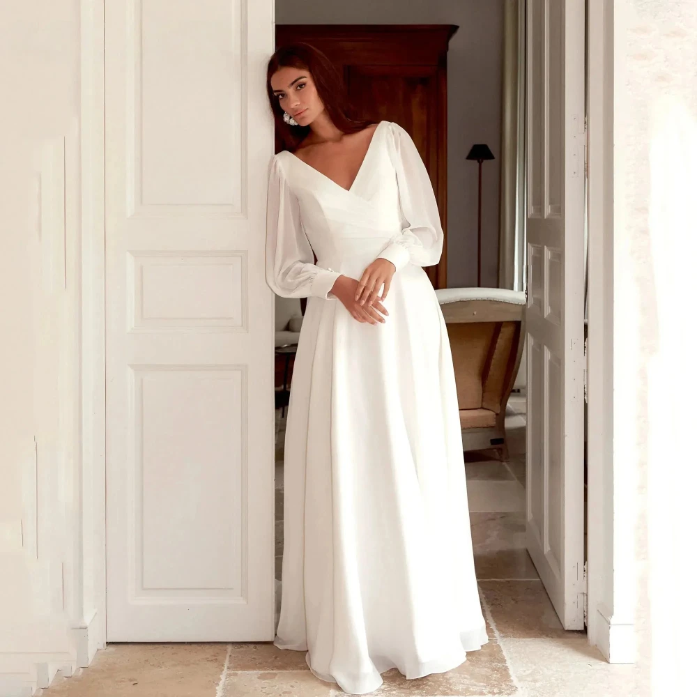 Customized Solid Color Long Sleeves Chiffon Wedding Dress Elegant V Neck Backless Boho Gown Simple Long Dress