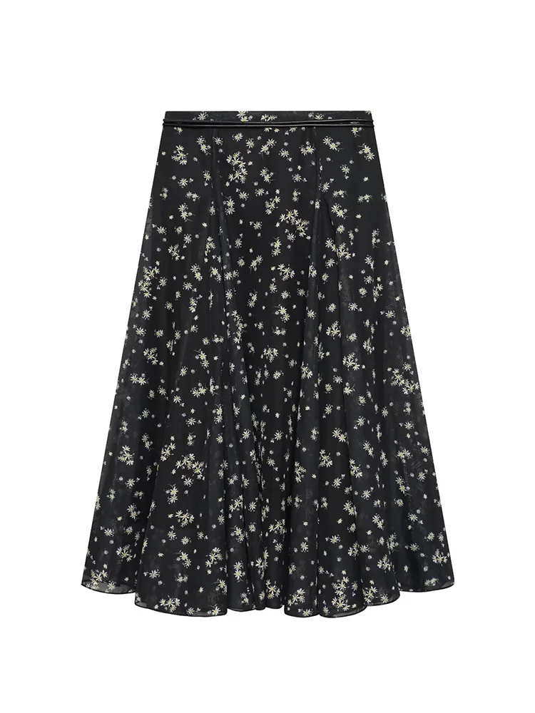 HH Women Sexy Broken Flower Belt Decoration Long Skirts Gauze Skirt Women Summer Fashion Side Zipper Pleated High Waist Skirts