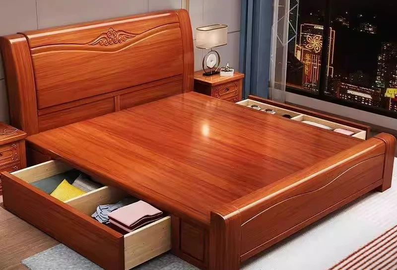 Golden rosewood solid wood 1.8 meters double mahogany bed master bedroom 1.5 meters Chinese storage wedding bed