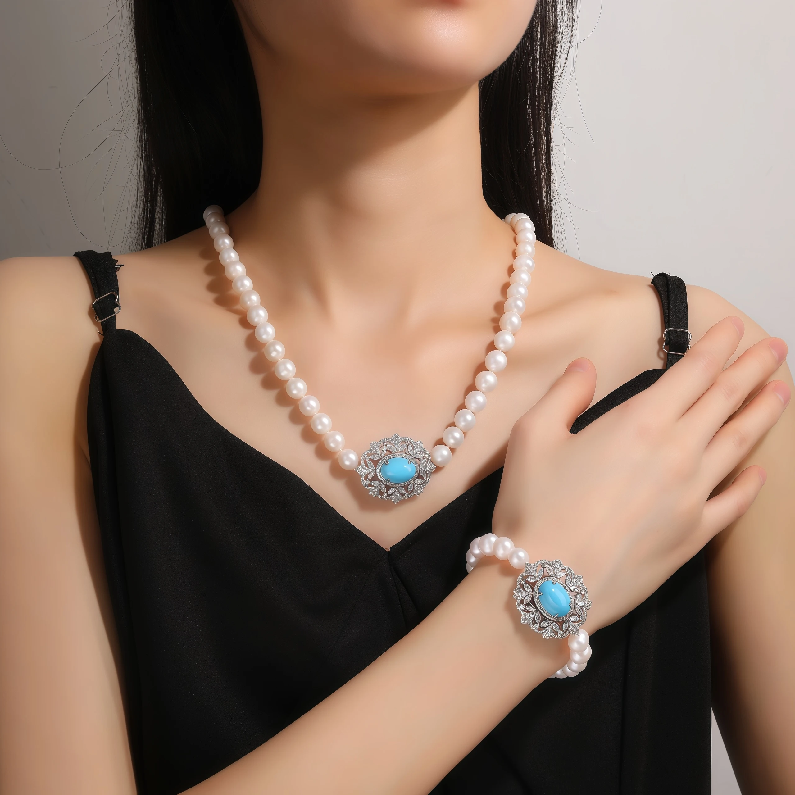 WINKIN WINSIN العلامة التجارية S925 اللؤلؤ قلادة عالية الجودة مطلي بالذهب عالية الكربون الماس الأزرق الفيروز قلادة