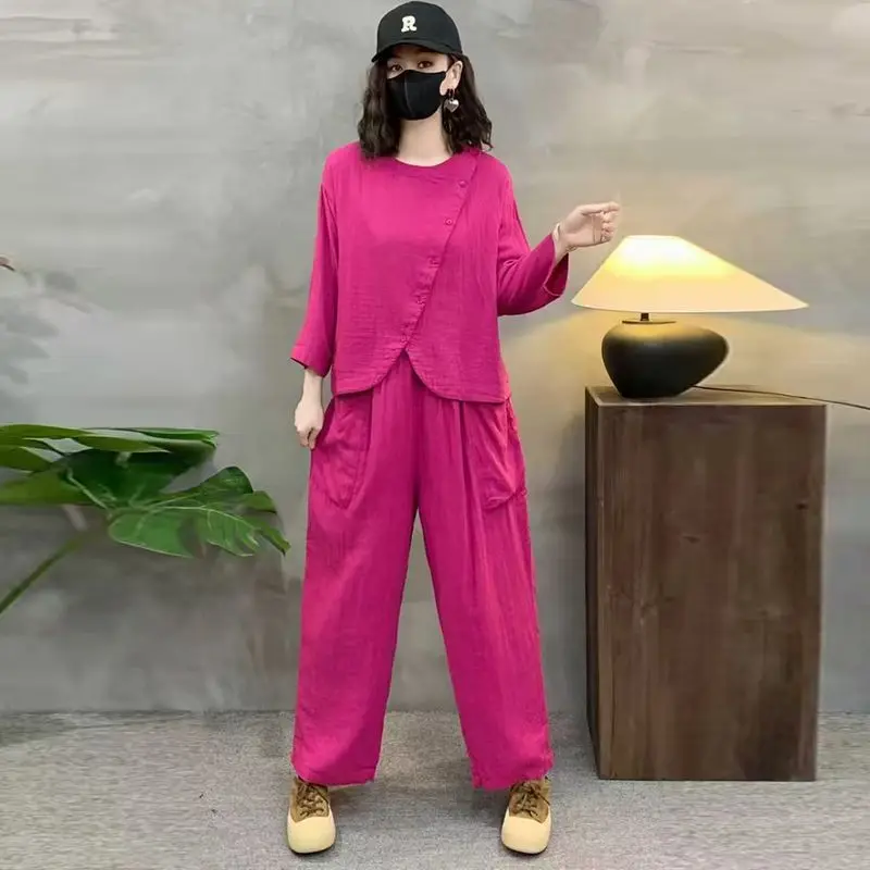 ชุดเซ็ตสองชิ้นสไตล์จีนสำหรับผู้หญิง ฤดูใบไม้ร่วงปี 2025 เสื้อแขนเจ็ดส่วนแฟชั่นลำลอง กางเกงฮาเร็มทรงหลวม