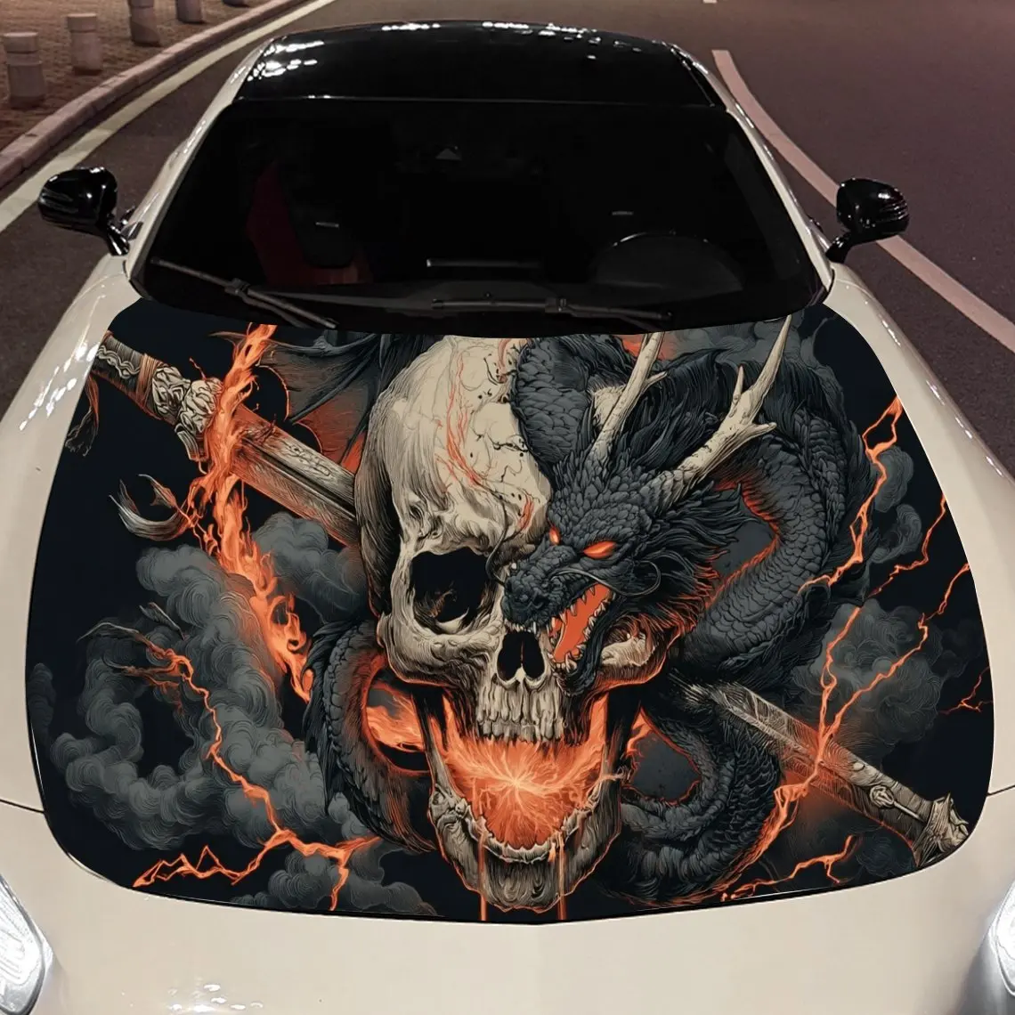 

Lava Lightning of Dark Dragon and Skull Holy Sword Car Vinyl Wrap, PVC Material Waterproof Car Hood Sticker, Self-Adhesive Scrat