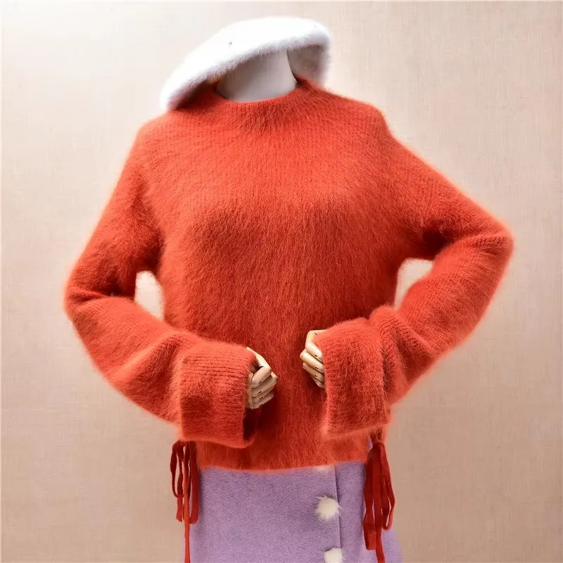 

Ladies Women Casual Fashion Autumn Winter Clothing Hairy Angora Rabbit Hair Knitted Tassel O-Neck Loose Pullover Sweater Jumper