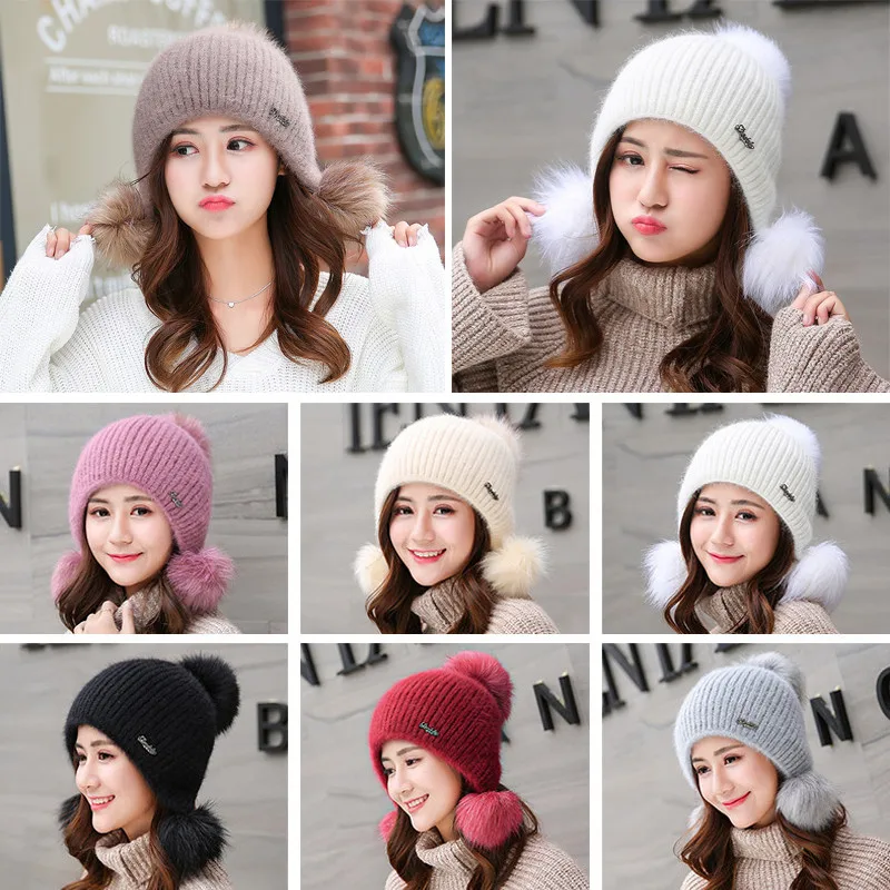 Women's Fashion Winter Beanie Hats Ear Muffs Casual Fluffy Knitted Beanies Caps Gorros Black  for Women Girls