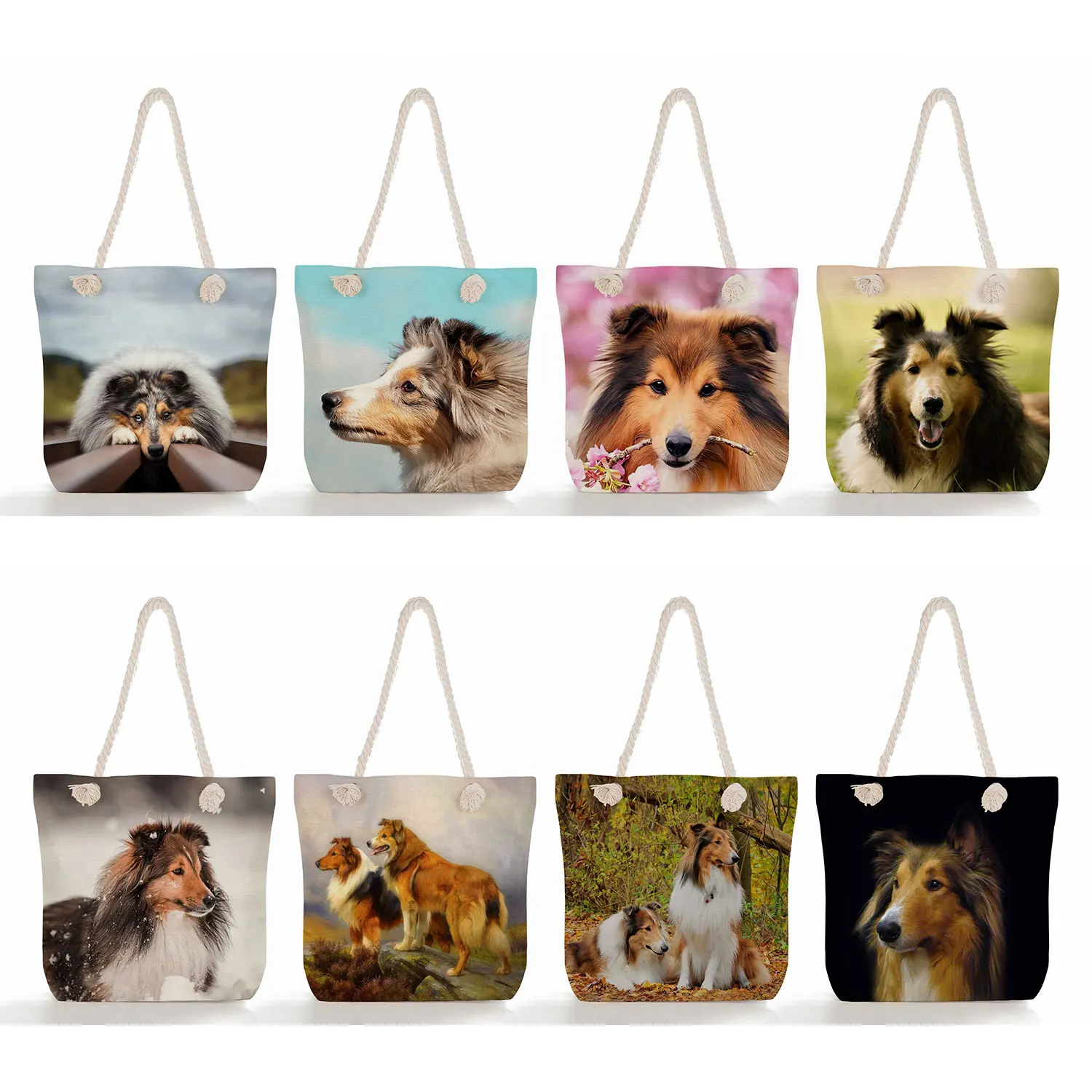 Cute Rough Collie Print Handbags High Capacity Shopping Tote Dog Graphic Women Casual Shoulder Bags Thick Rope Travel Beach Bags