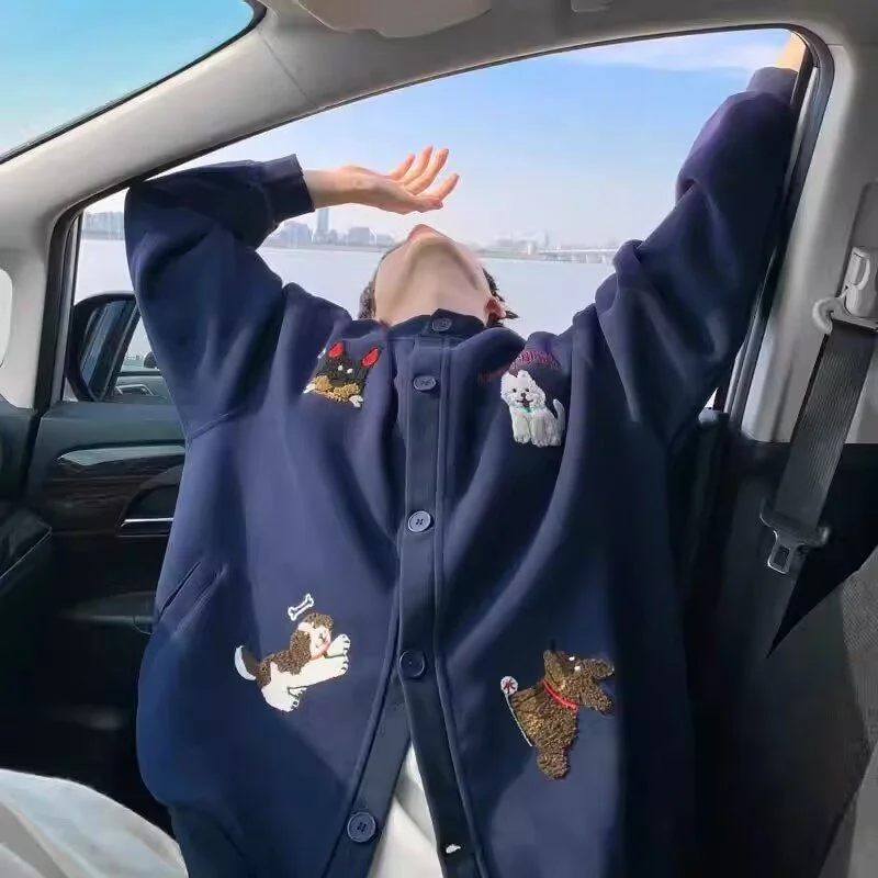 

Spring Autumn Retro Towel Embroidered Heavyweight Open Cardigan Sweatirt Women's Casual Versatile Jaet Coat for Couples