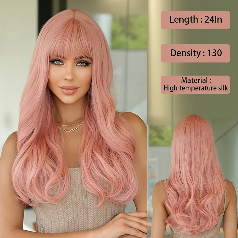 

Wig Female 24inch Pink Orange Big Wave Long Curly Hair With Bangs High Temperature Silk Wig Set