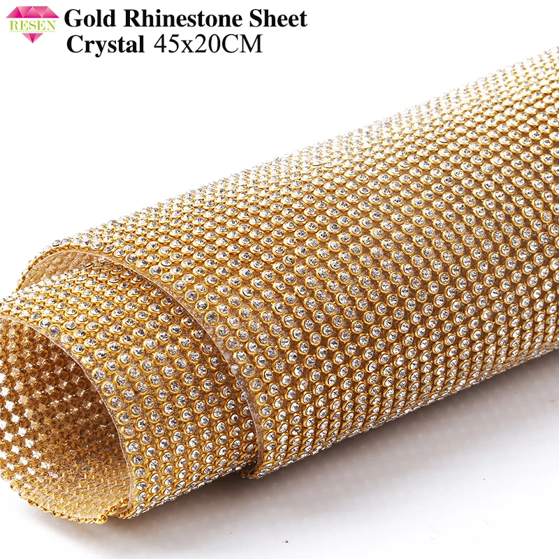 RESEN 45X20CM/PCS Hotfix Iron On Crystal Rhinestones Sheet Gold Base Adhesive Diamond Wrap For Party Stage Decoration