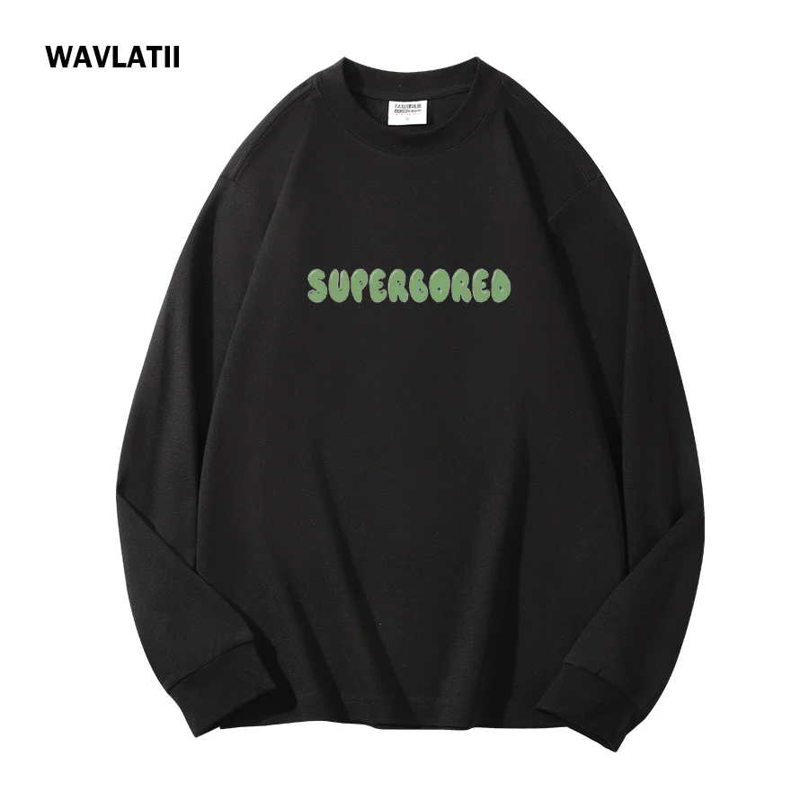 WAVLATII New Women Black Long Sleeve T shirts Female White Letter Printed Thick Warm Tees Lady Oversized Casual Tops WLT2404