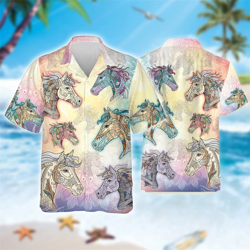 

Beautiful Horse Graphic Hawaiian Beach Shirt Casual Male Streetwear Harajuku Fashion Cute Horses Lapel Blouse Women Short Sleeve