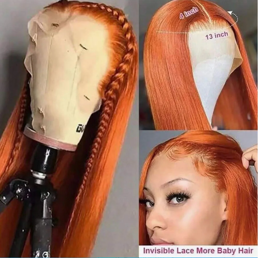 13x4 Ginger Orange Lace Front Wig Pre Plucked,24 Inch Long Straight Synthetic Hair & Transparent Lace Glueless Wigs for Women