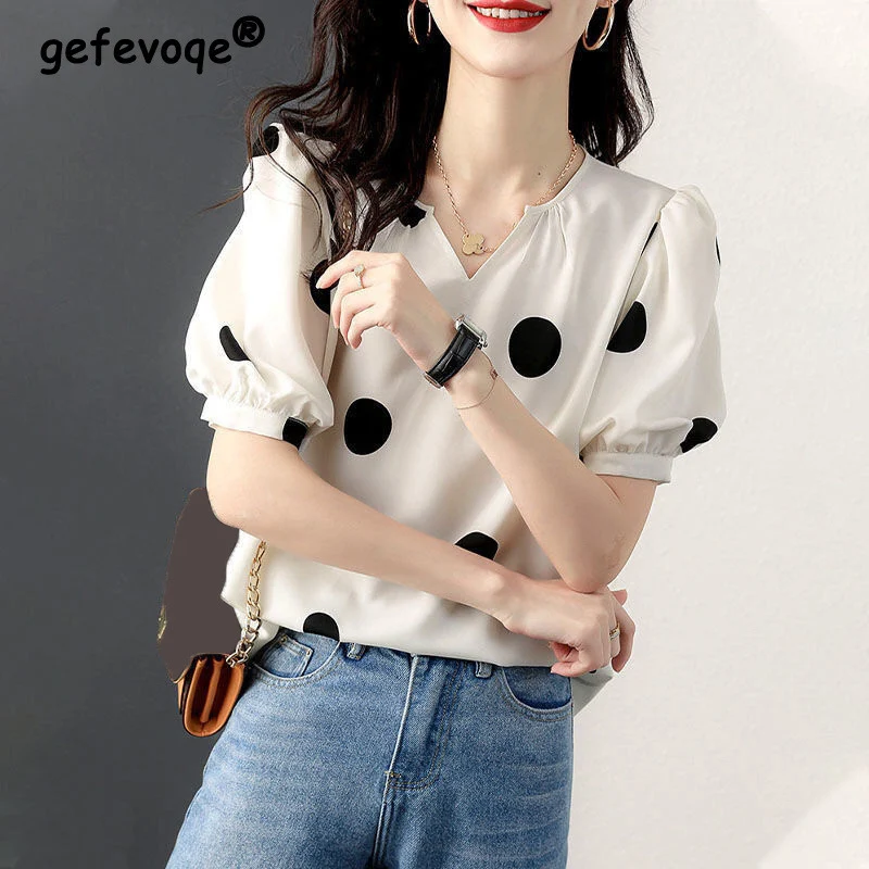 Women\'s Summer Fashion Elegant V Neck Polka Dot Print Short Sleeve Shirt Casual Sweet Cute Chic Blouse Tops Female Clothing 2022