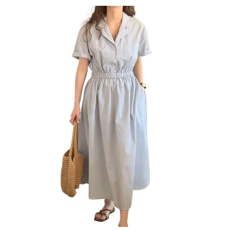 เกาหลีเก๋ไก๋ฤดูใบไม้ผลิและฤดูร้อนฝรั่งเศสย้อนยุคสูทคอปกจีบเอวกระชับสัดส่วนเสื้อเชิ้ตแขนสั้นสไตล์เดรสยาว