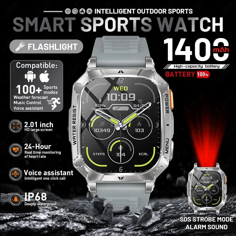 

LIGE 2026 New Smart Watch 1400mAh Big Battery Men Outdoor LED Flashlight Waterproof Bluetooth Call Sports Fitness Smartwatch