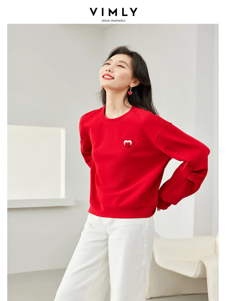 

VIMLY Women's O-neck Sweatshirt Autumn/Winter Casual Long Sleeve Top Heart Embroidery Straight Loose Pullovers Tops M3252