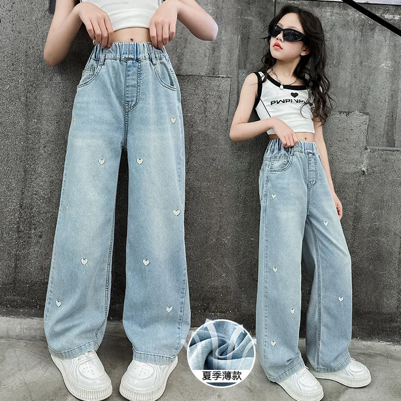 

Girls Wide-leg Pants Spring Summer Autumn New Foreign Style Little Girl Love Embroidered Jeans Straight Pants Long Pants Loose
