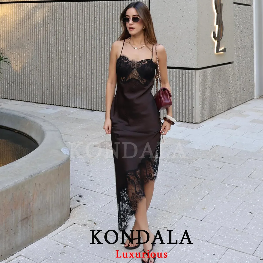 KONDALA Sexy Chocoladebruin Satijnen Kanten Jurk V-hals Corset Midi Feestjurk Mode 2025, Avondclub Nieuwjaar Elegante Jurk