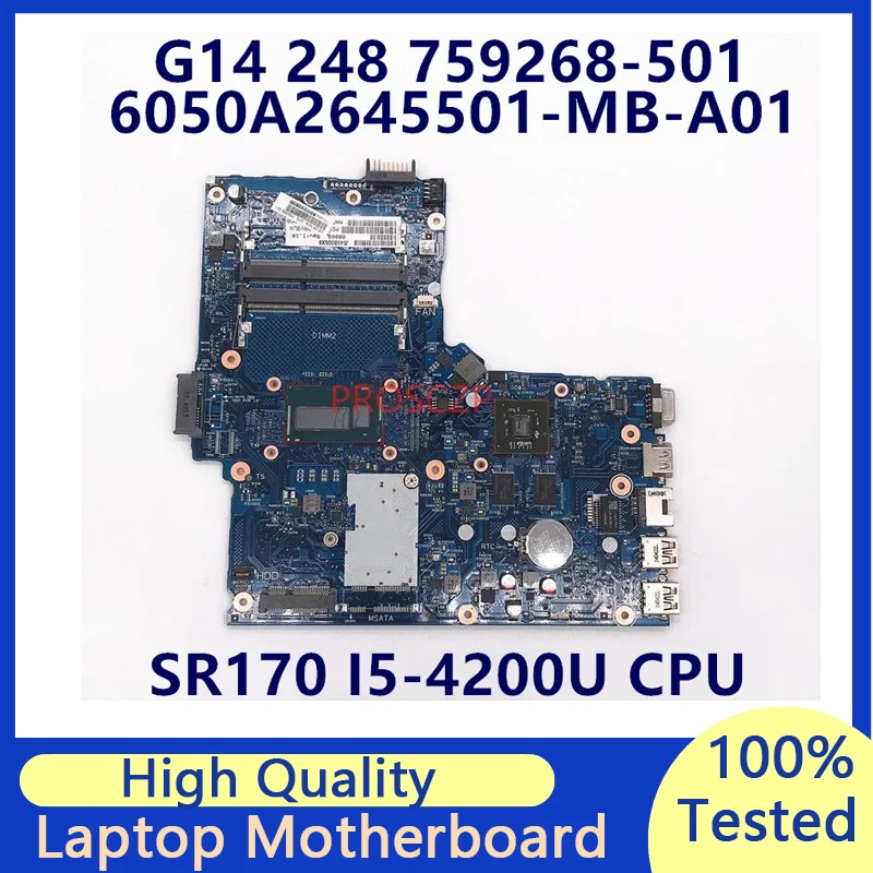 

759268-001 759268-501 759268-601 For HP G14 248 Laptop Motherboard 6050A2645501-MB-A01 With SR170 I5-4200U CPU 100% Fully Tested