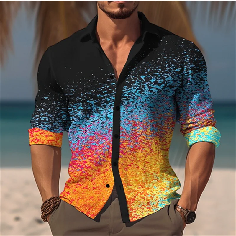 2025 Men's T-shirt Suit Button Shirt half Splicing Trend New Geometric Flower Clear Pattern  Soft And Comfortable Shirt Clothing