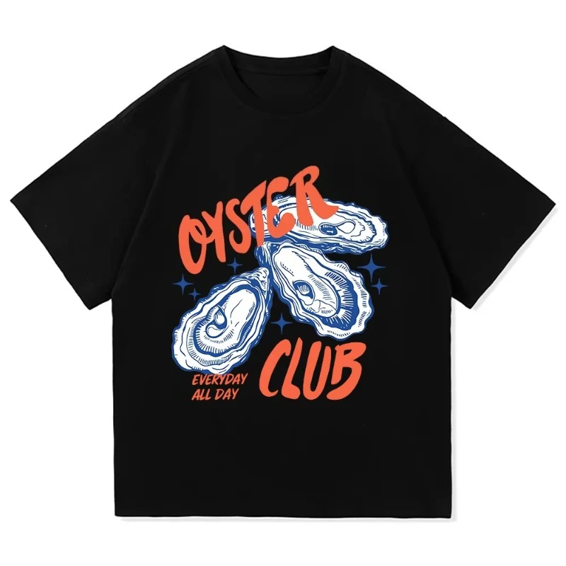 

2025 Summer Retro Men Women Clothing Harajuku High Quality Clothes Vintage Cotton TShirt Oyster Club Seafood Lover Foodie TShirt
