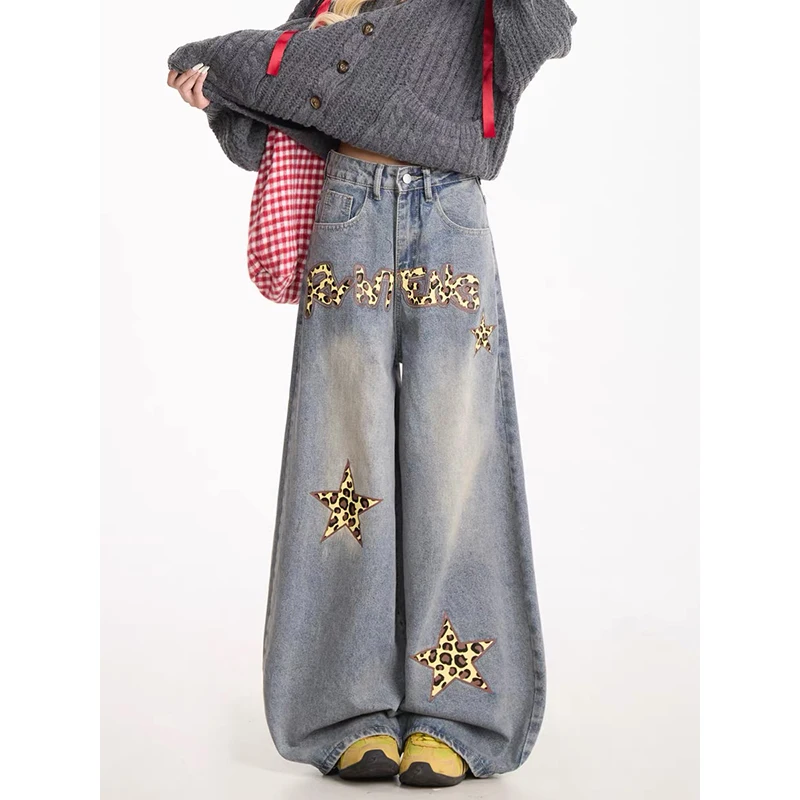 YIBASHU Women Blue Y2k Leopard Star Jeans Japanese 2000s Style Baggy Denim Trouser Harajuku Vintage Oversize Jeans Pants Autumn