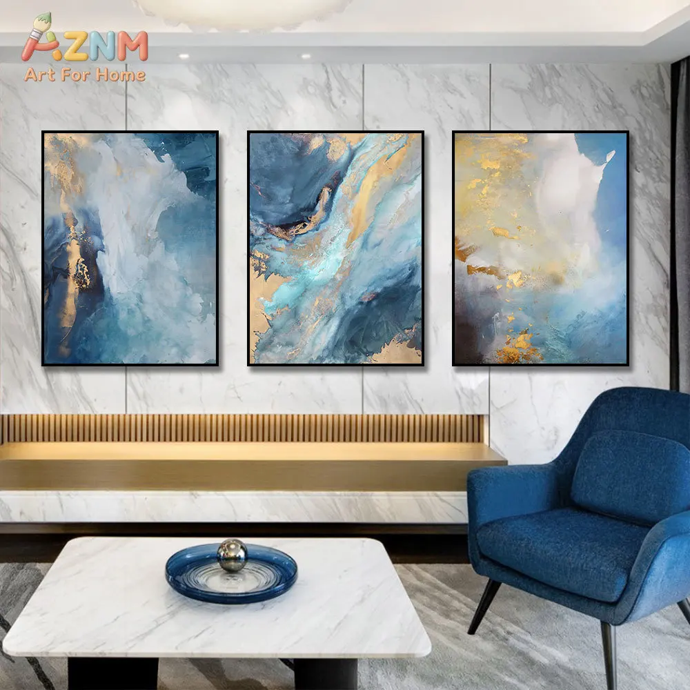 AZNM Blue Gold Marble Abstract Canvas Wall Art Modern Fluid Texture Painting Print Luxury Style Living Room Home Decor