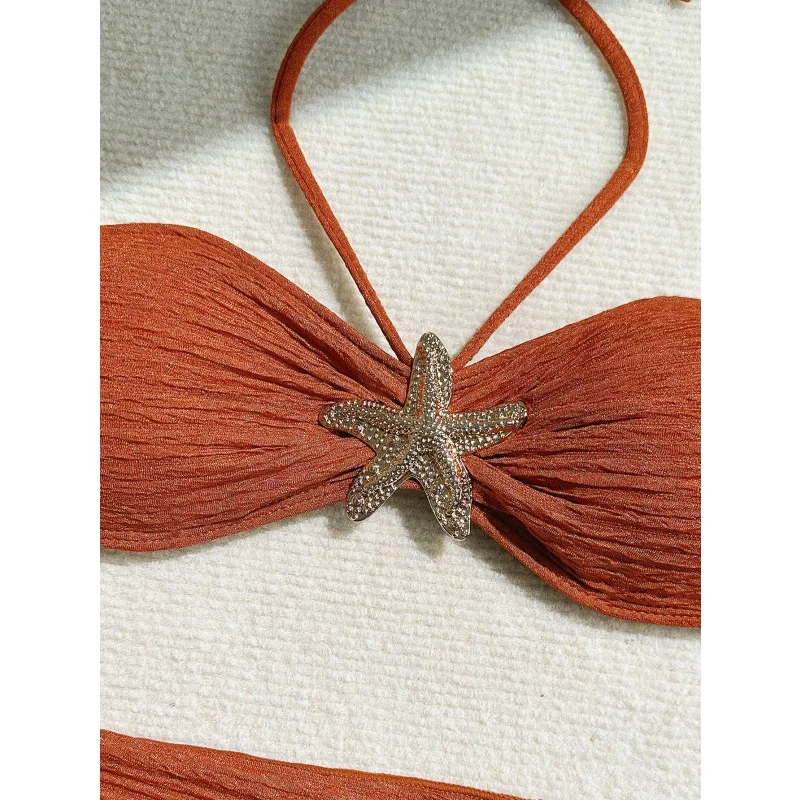 Metall Seestern Bandeau Bikini Set Damen Bademode Split Bikini Push Up Bandage Rock Cover Up 2025 Neue Urlaub Beachwear 3-teilig