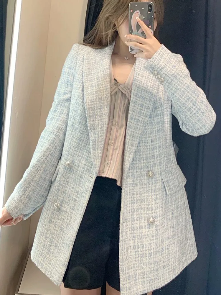 BLAZER wol elegan untuk wanita, mantel kantor wanita kerah berlekuk dua baris biru modis baru musim gugur musim dingin 2025