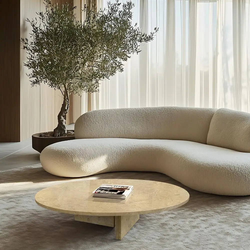 โต๊ะกาแฟหินอ่อนสีทองเหลืองเบจธรรมชาติสำหรับห้องนั่งเล่น หินแท้ ขนาด Ø35.4 x 9.8 นิ้ว เฟอร์นิเจอร์หินแท้สุดหรู