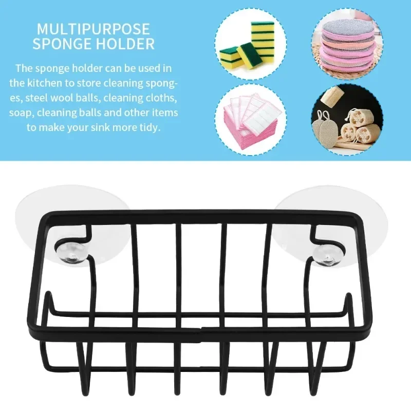 Home With Hook Draining Durable Soap Black Kitchen Sink Scrubber Countertop Sponge Holder Hollowed Suction Cup Caddy Organizer