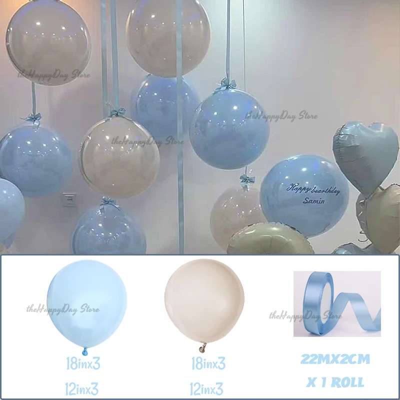 13Pcs Pastel Blue Sand White Balloon With Ribbon Bows Hanging Balloons 18/12'' Bear Boho Birthday Baby Shower Helium Air Globos