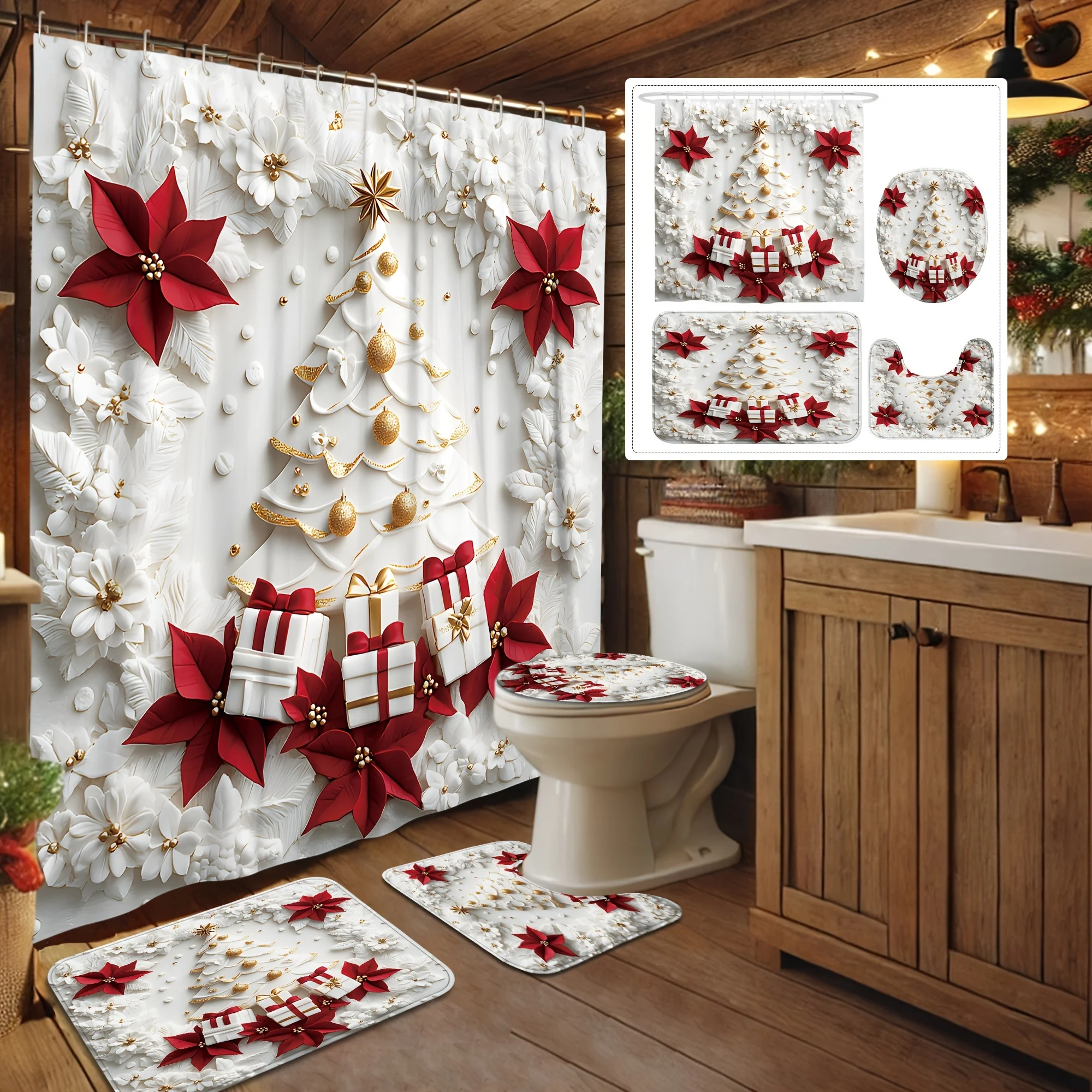 

Рождественский набор для ванной из 4 предметов, 3D-дизайн красного золотисто-белого дерева, праздничный декор, 12 крючков, нескользящий коврик и U-образная крышка для унитаза