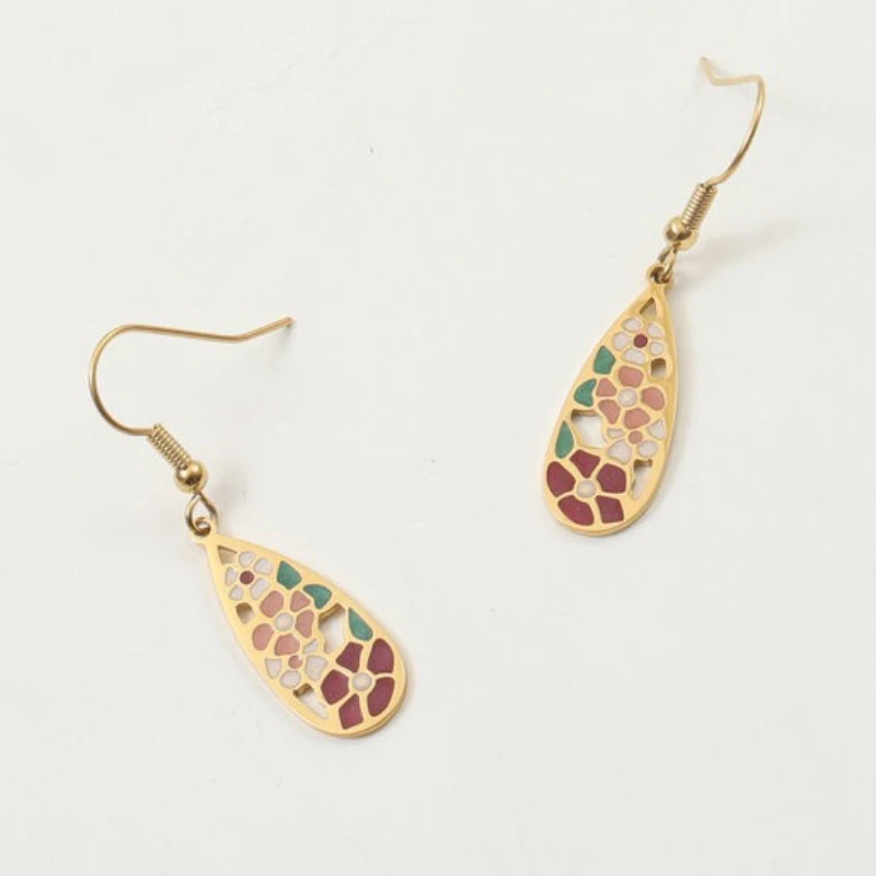 Ethnic Stainless Steel Colorful Fan Shape Dangle Earrings for Women Boho