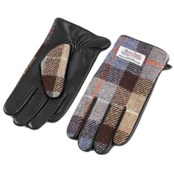 Male Hand Back Woolen Tweed Full Finger Genuine Goat Leather Mittens Autumn Winter Warm Riding Driving Touch Screen Gloves