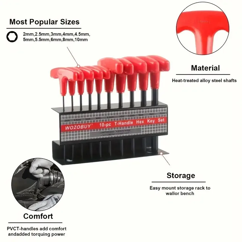 10pc Metric Or Inch T-Handle Hex Key Allen Wrench Tool Set Or Star T-Handle Hex Key Set Tools with Convenient Storage Stand