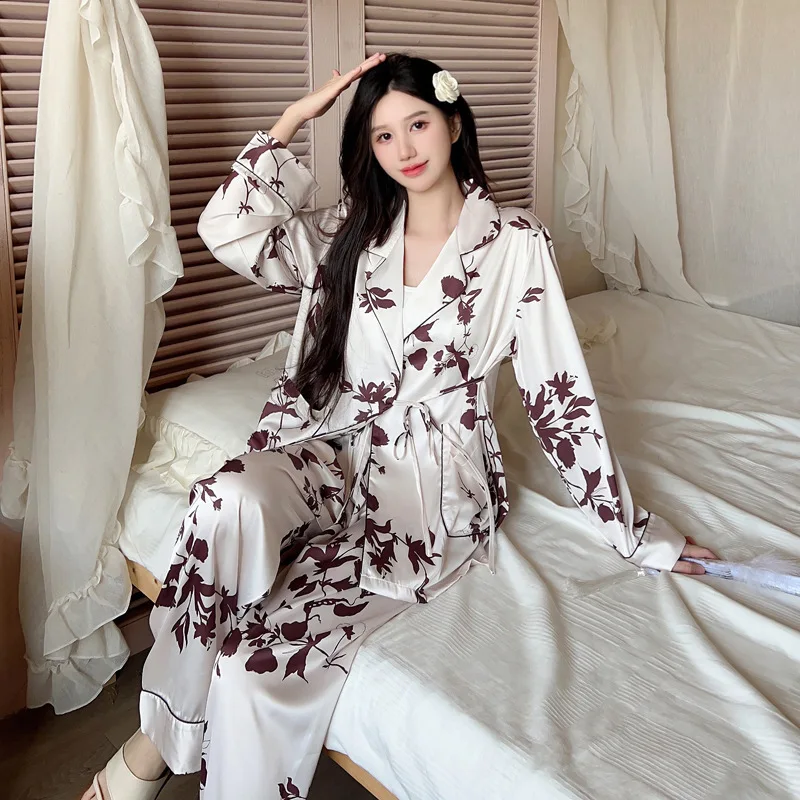 Elegante Ijs Zijde Pyjama Dames Lente En Herfst Nobele Vest Veteraan Sets Ijs Zijde Zoete Hoge Kwaliteit Print Pyjama Sets Pj