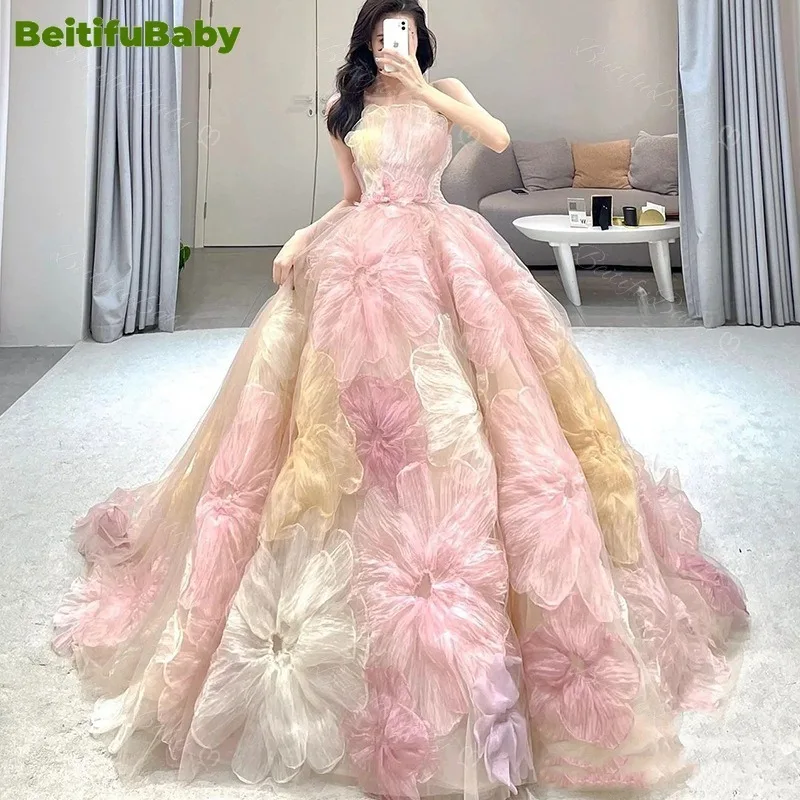 BeitifuBaby Prom Dresses for Women 2024 Sleeveless 3D Flower Strapless Banquet Gown Elegant Women's Evening Party Dress Vestidos