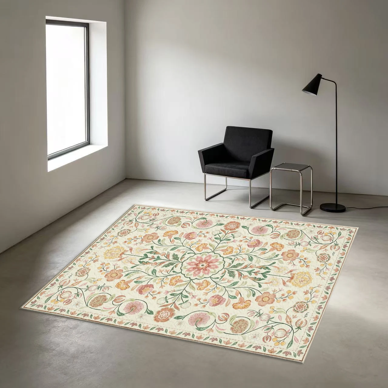Cream Base Pastel Floral Symmetric Square Area Rug Retro Botanical Medallion Printed Floor Carpet for Living Room Bedroom Home Decor