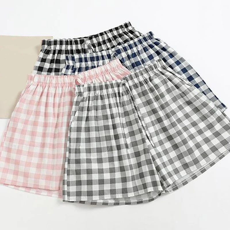 Fashion High Waist Casual Beach Home Loose Wide Leg Plaid Shorts For Women