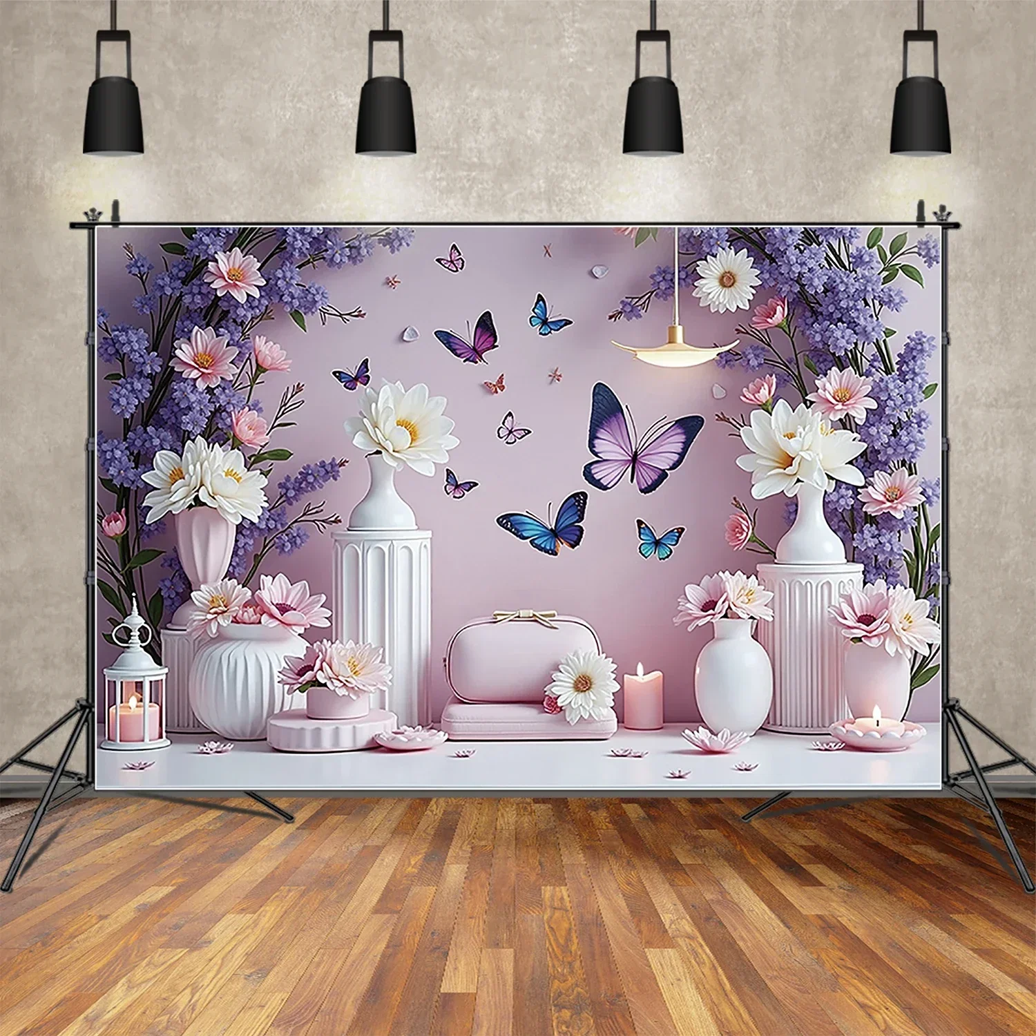 MOON.QG Fairy Butterfly Hanging Flowers Balloons Backdrop Purple Blue Pink Photography Background Photographic Wallpapers Decor