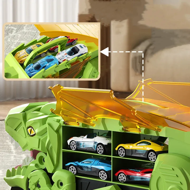 Tyrannosaurus Truck Toys Dinosaur Swallowing Track Deformation Storage Car with Alloy Racing Car Foldable Transport Car Toy Gift