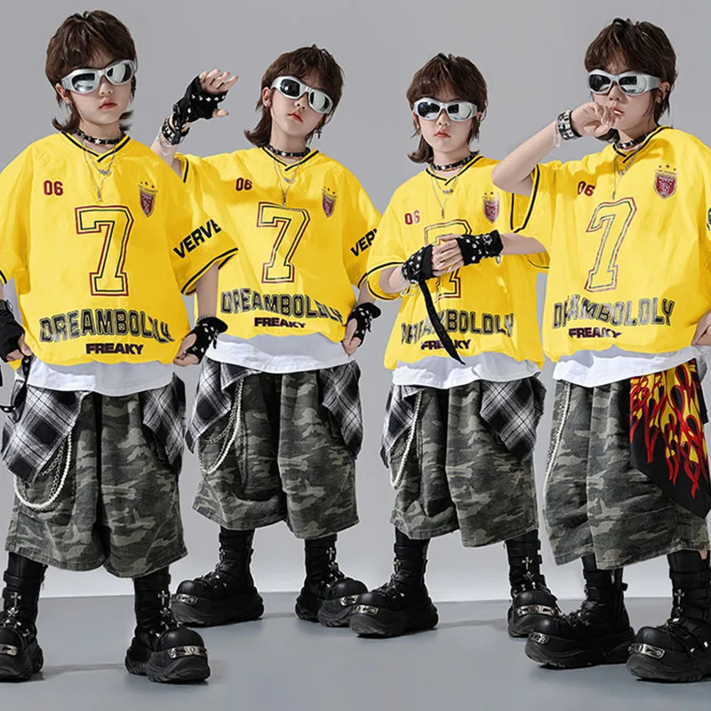 

Kid Kpop Hip Hop Clothing Yellow V Neck Jersey T Shirt Camo Casual Cargo Shorts Middle Pants for Girl Boy Dance Costumes Clothes